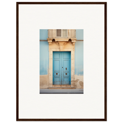 Bright turquoise wooden door with ornate stone trim in Ephemeral Dreamscape Doorway