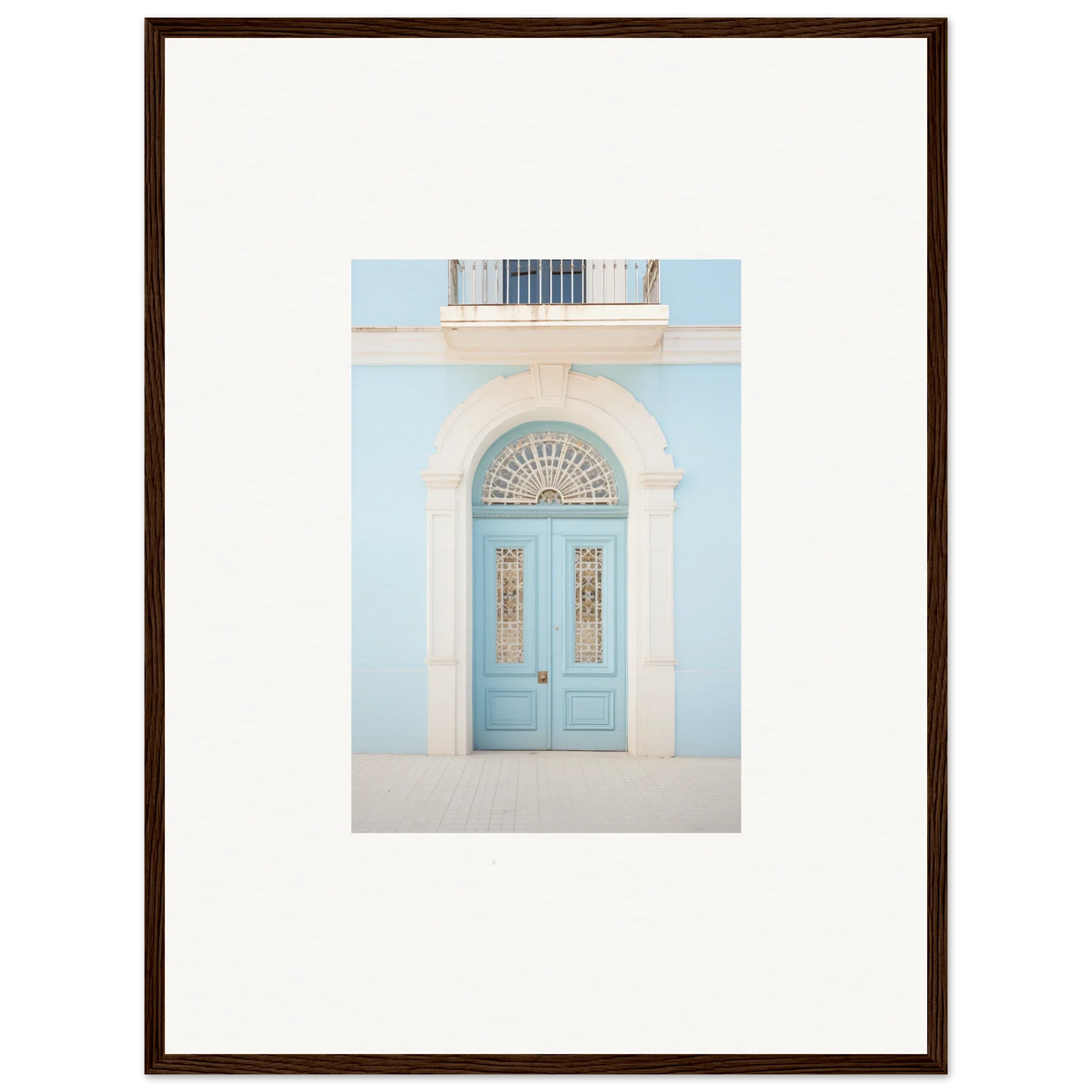 Light blue double door with ornate fanlight in Delphinium Dream Portal framed wall art