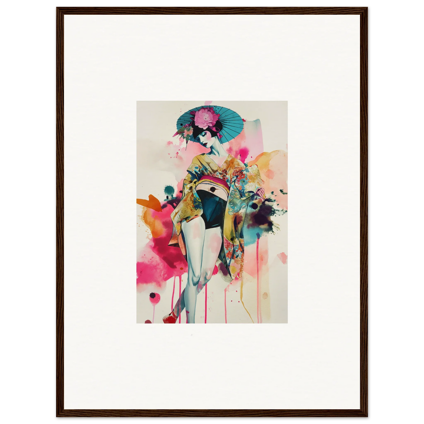 Colorful watercolor canvas print of a stylish female figure with a parasol for room decoration