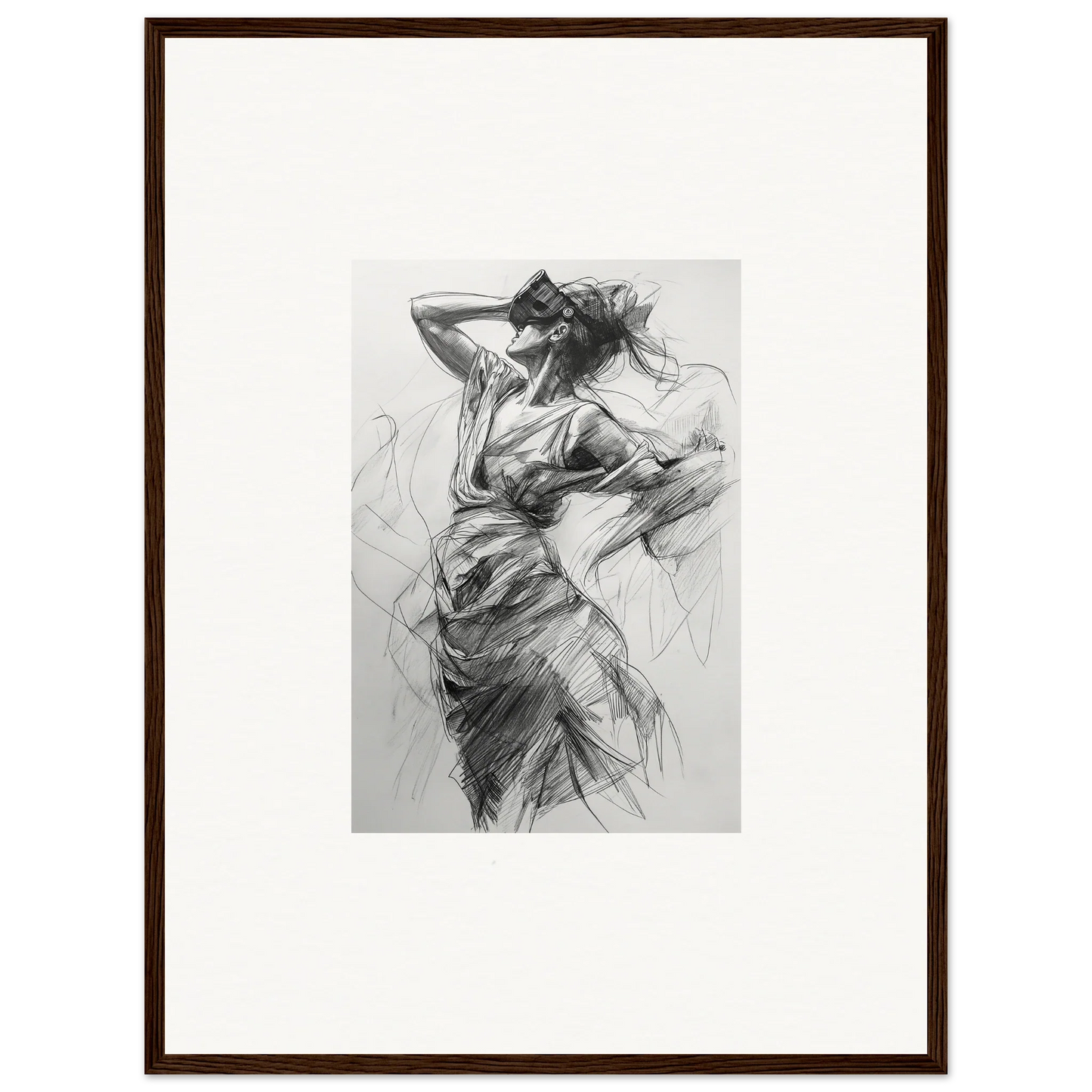 Expressive charcoal sketch of a dancer in fluid motion for Veiled Revisionist Muse framed wall art