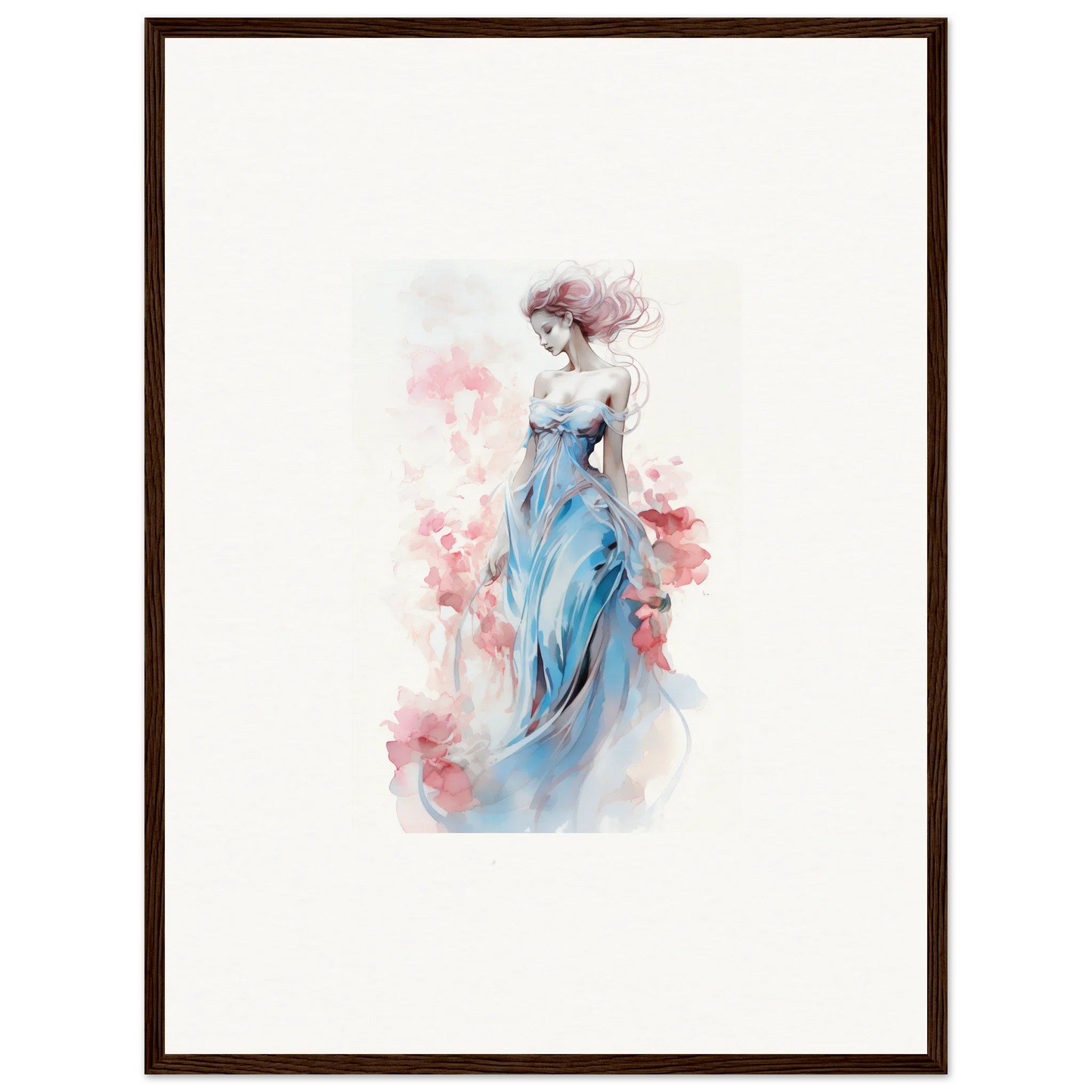 Watercolor wall art of a woman in a blue dress, perfect for room decoration