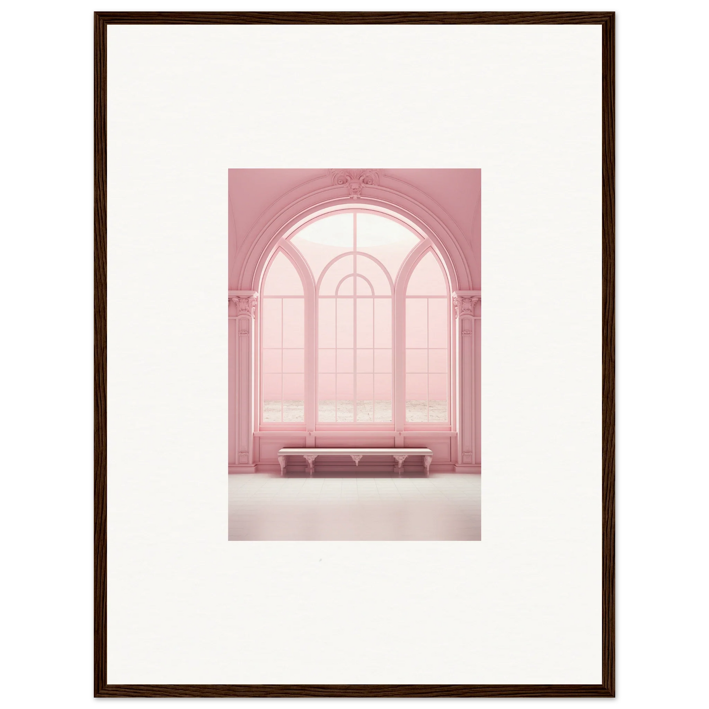 Arched pink window with bench, perfect for solitude’s rosy asana framed wall art