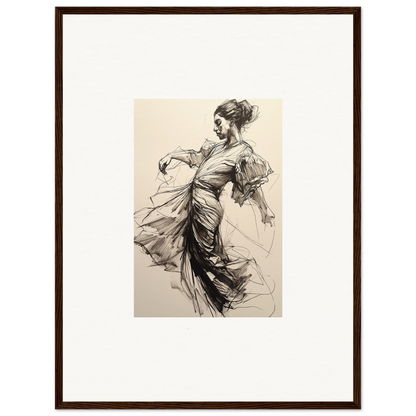 Elegant dancer sketch in flowing dress from Whirling Midnight Form framed wall art