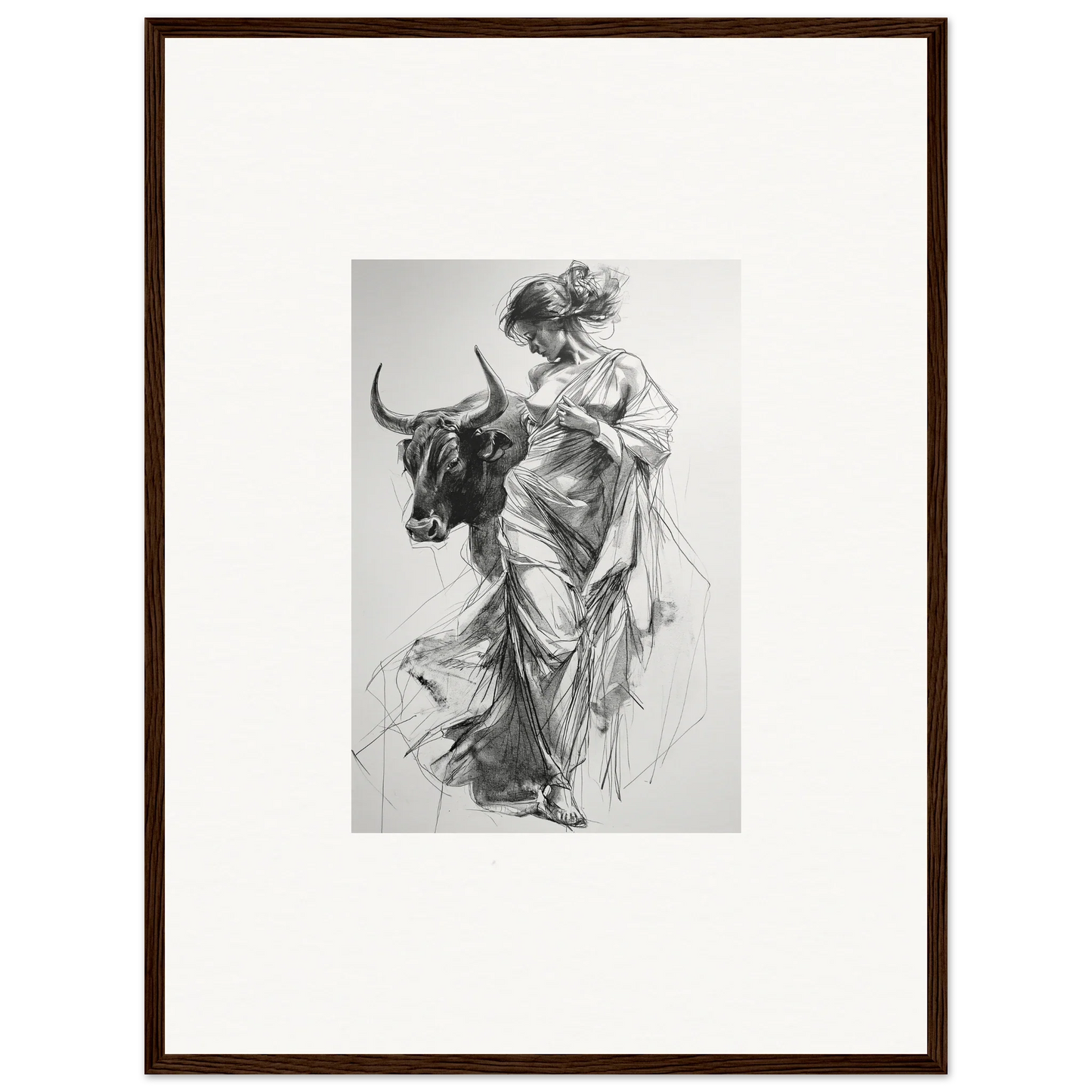 Black and white sketch of a woman in robes and a bull for Splashing Gaze Melds framed wall art