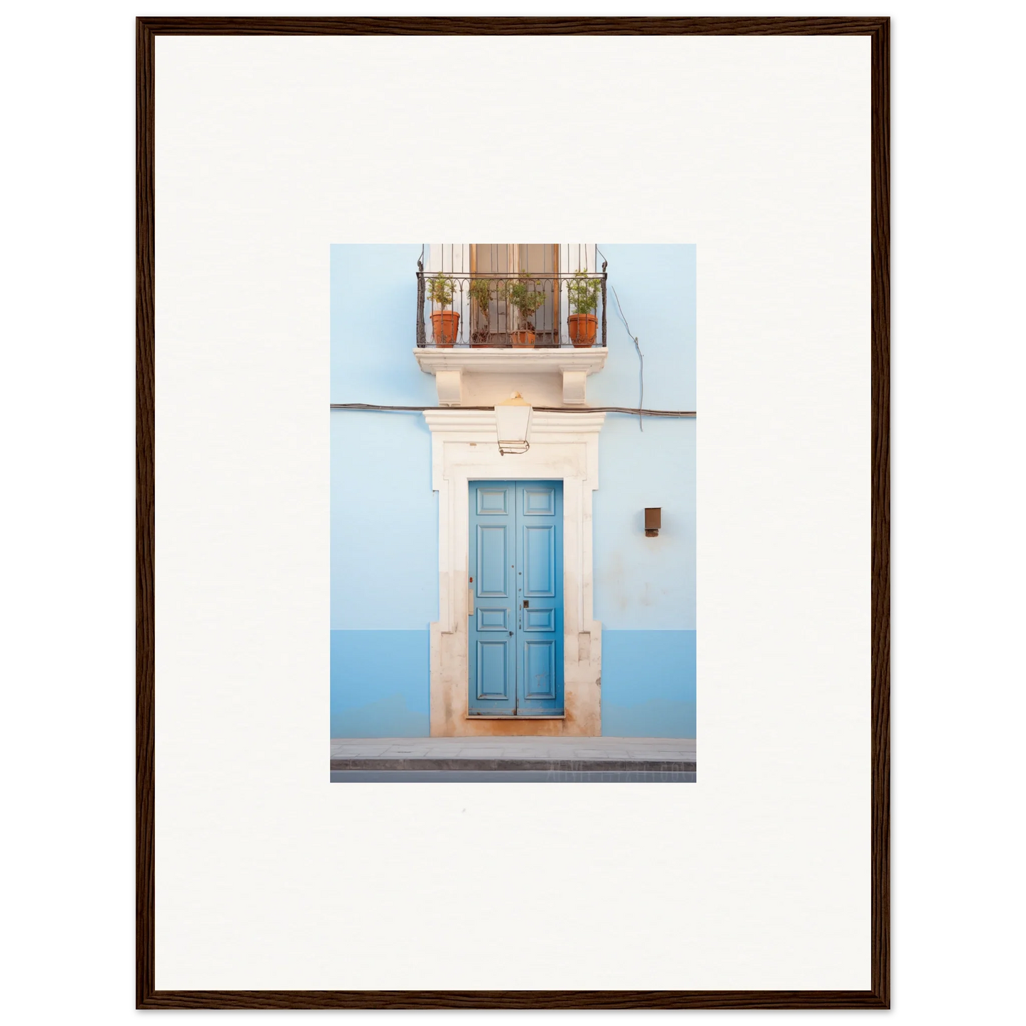 Blue wooden door with white trim and plants, perfect for the Ethereal Azul Entrance art