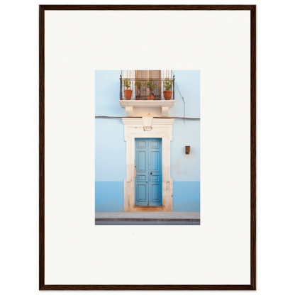 Blue wooden door with white trim and plants, perfect for the Ethereal Azul Entrance art