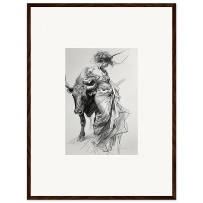 Black and white sketch of a figure in flowing robes next to a bull for Dancing Flamenco special edition art™