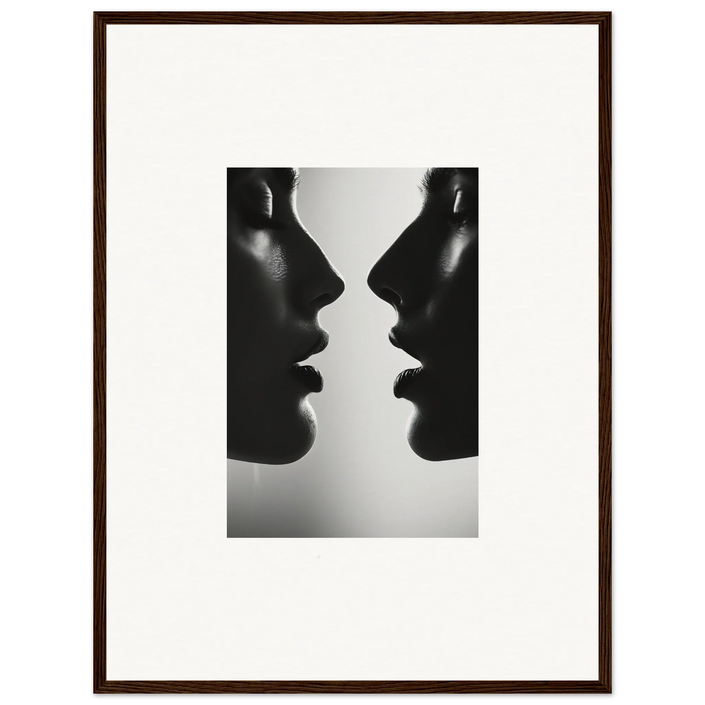 Two silhouetted profiles in black and white for Echo’s Embrace premium framed wall art