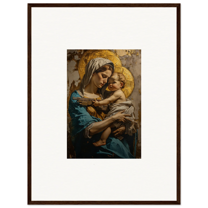 Framed canvas print of Sacred Embrace featuring a woman and baby, perfect wall art for room decoration