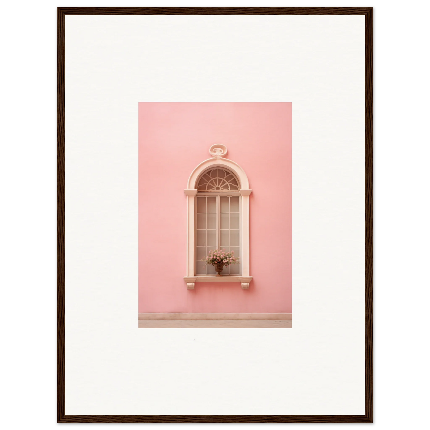 Ornate arched window on a pink wall in the Pinky Flora Portal framed wall art