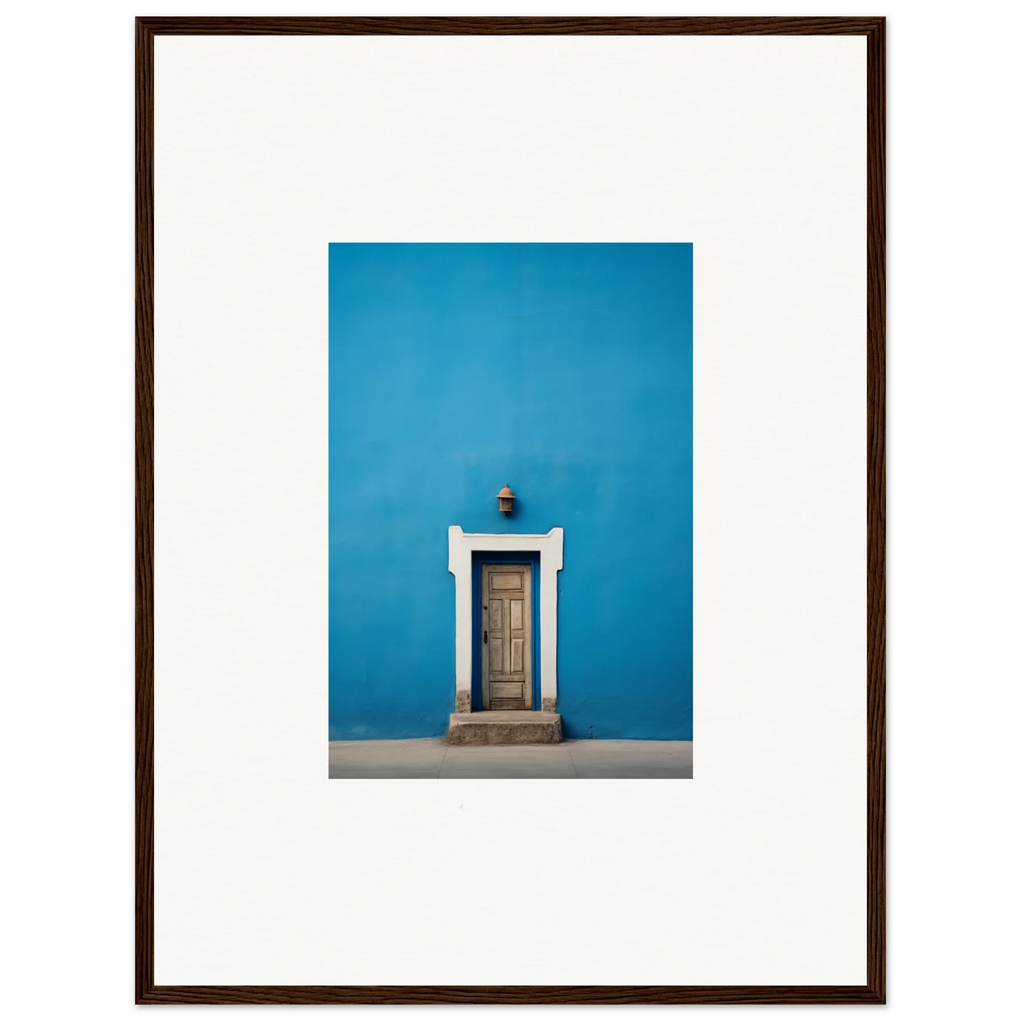 Wooden door with white trim on a bright blue wall in the Eternal Cerulean Cloister design