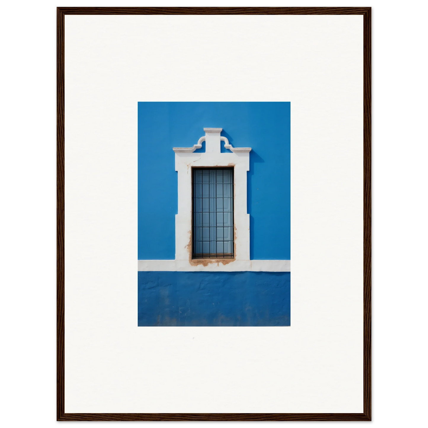 White-framed window with metal bars on a blue wall in Liquid Azure Quest art™