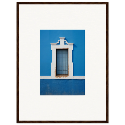 White-framed window with metal bars on a blue wall in Liquid Azure Quest art™