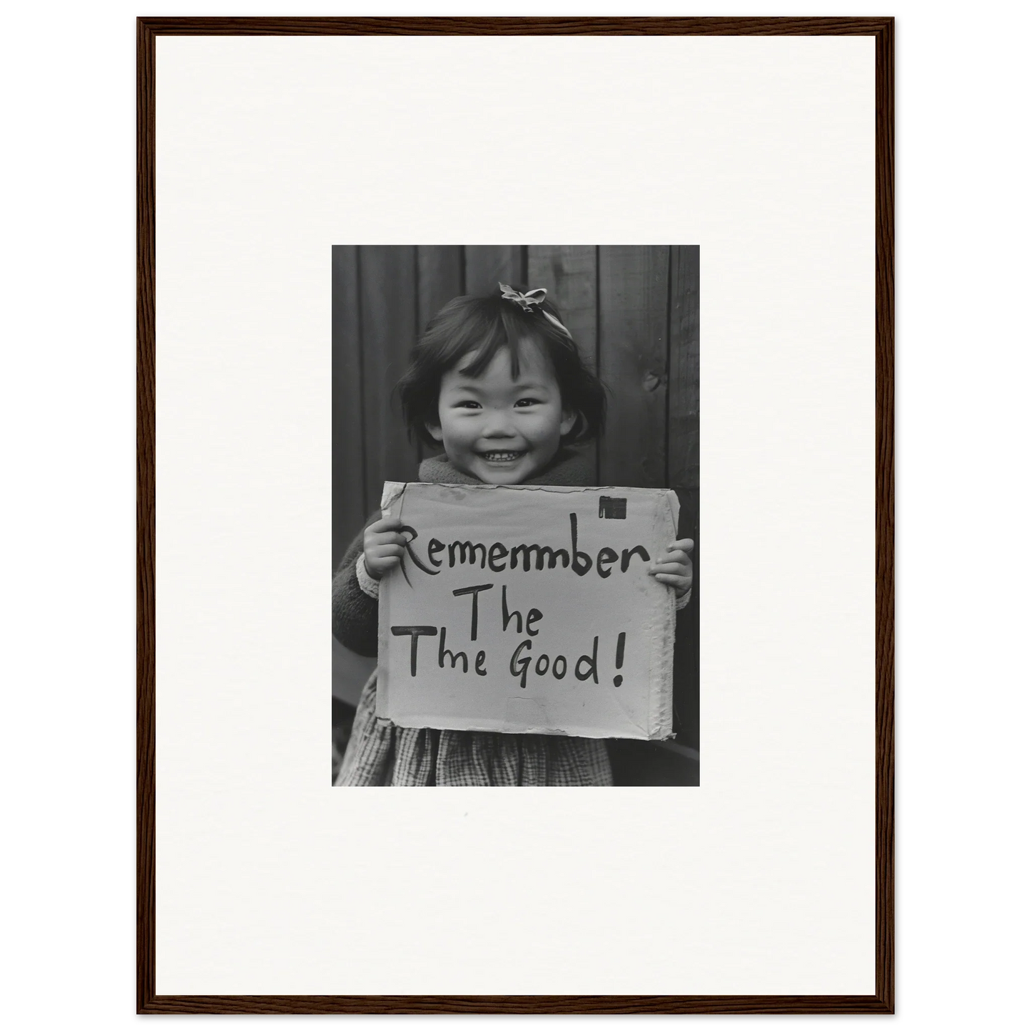 Child holding a sign that says Remember The Good in Timeless Joy Parade framed wall art