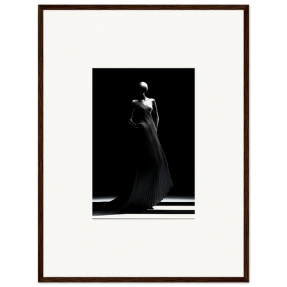 Elegant figure in a flowing pleated gown from Echoes Velvet Mirage in dramatic black and white