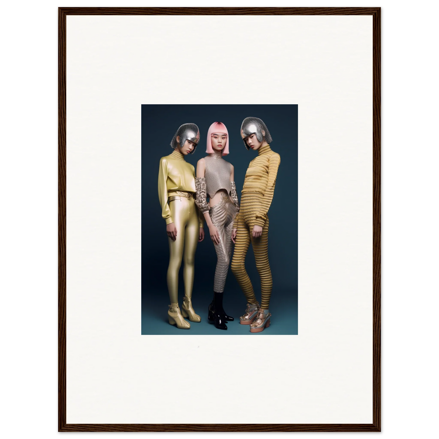 Three figures in striped bodysuits showcasing Galactic Fashion Paradigm vibes