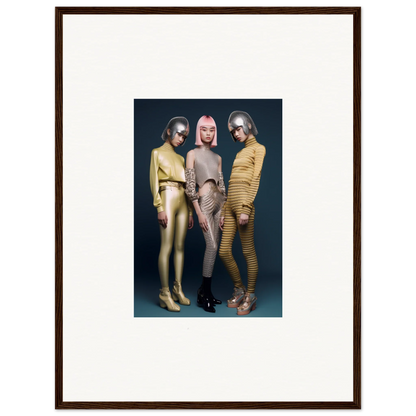 Three figures in striped bodysuits showcasing Galactic Fashion Paradigm vibes