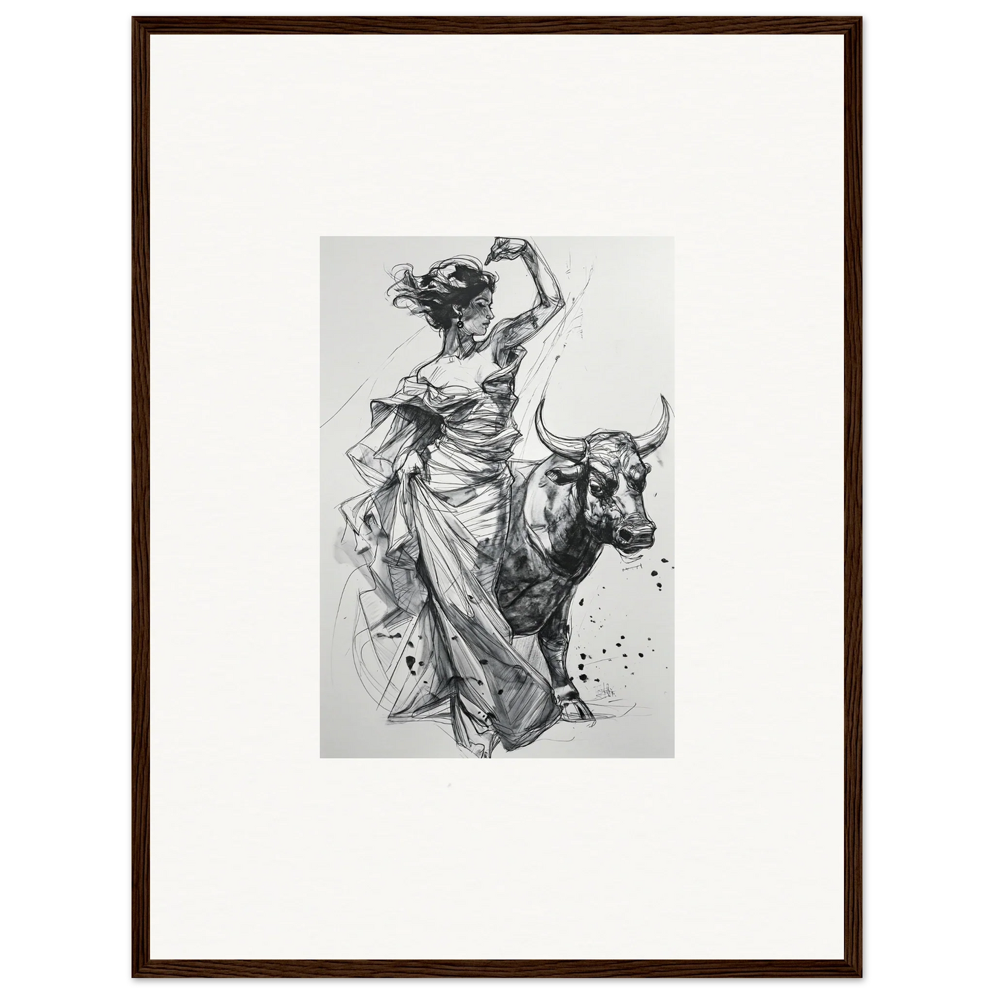 Black and white sketch of a figure in flowing robes with a bull from Tauripe Mystique Visions