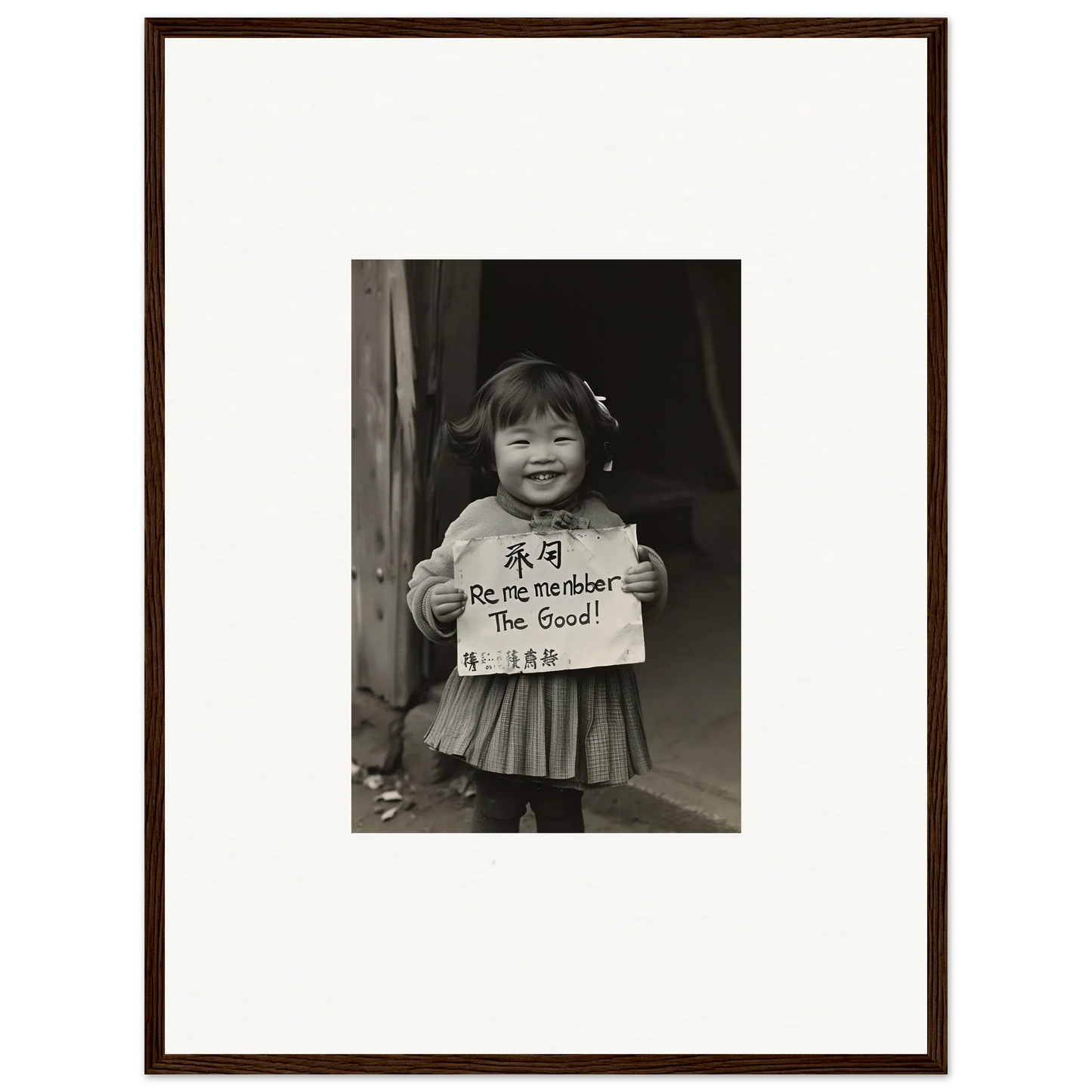 Black and white framed wall art of a smiling child, capturing ephemeral joy imbibed