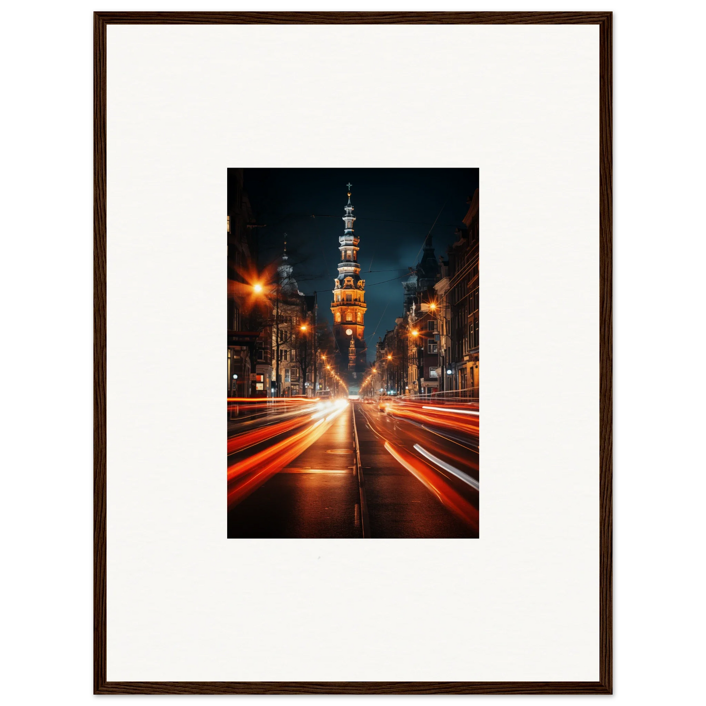 Illuminated church tower at night with traffic light trails in Umbra Urban Nocturne