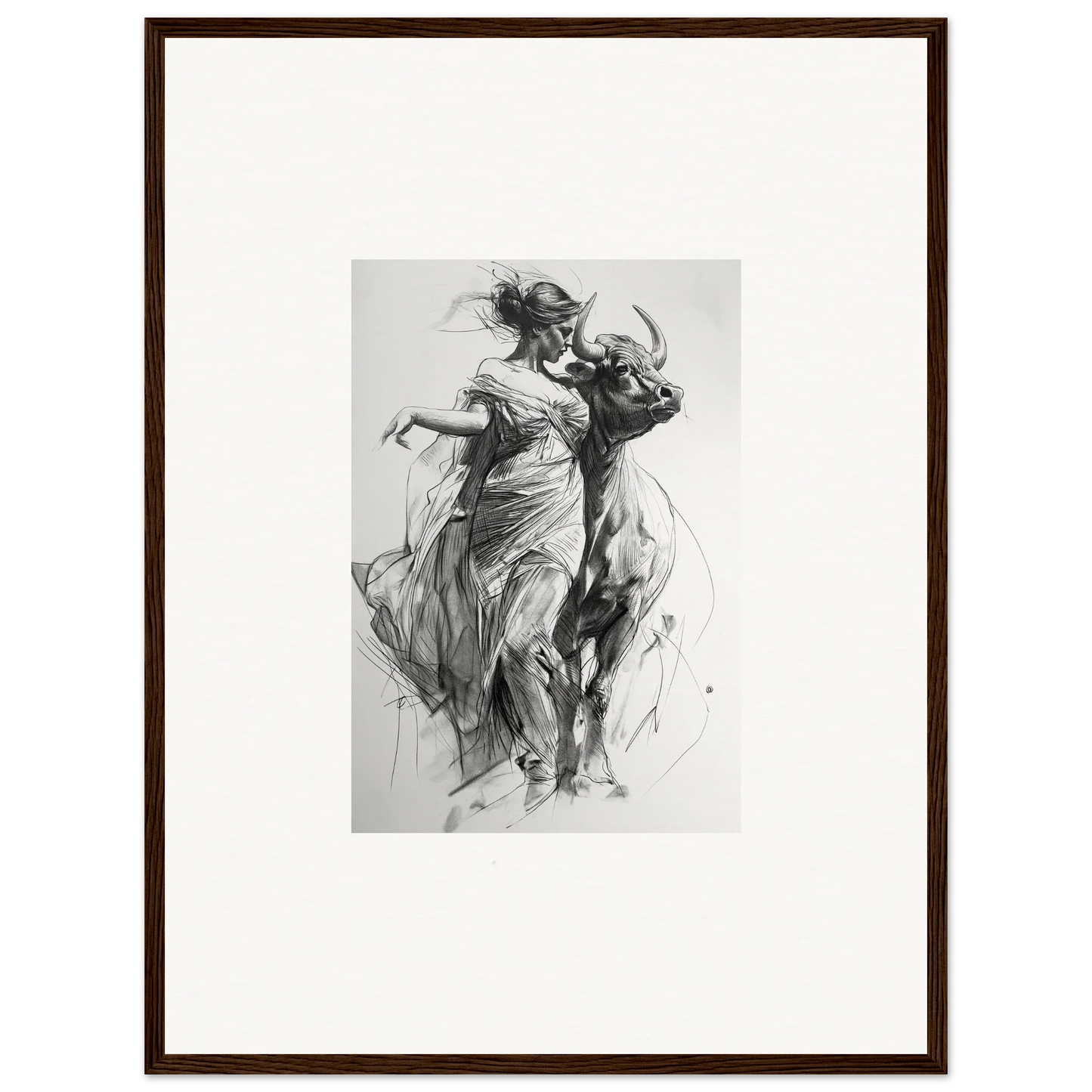 Expressive black and white sketch of dancing figures in Forest Flame Dance framed wall art