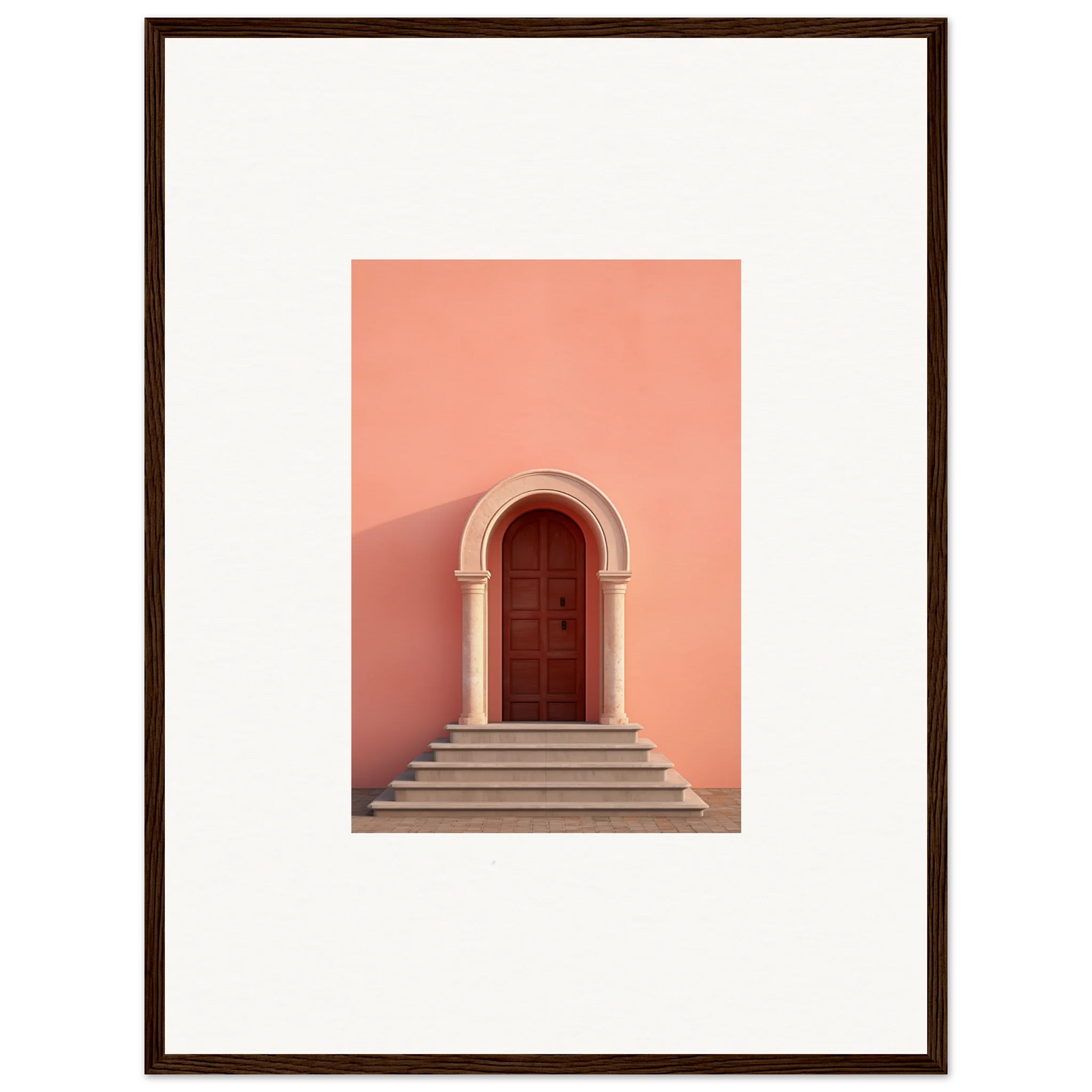 Wooden arched door on stone steps by a coral wall, perfect for your Ethereal Sunset Gateway