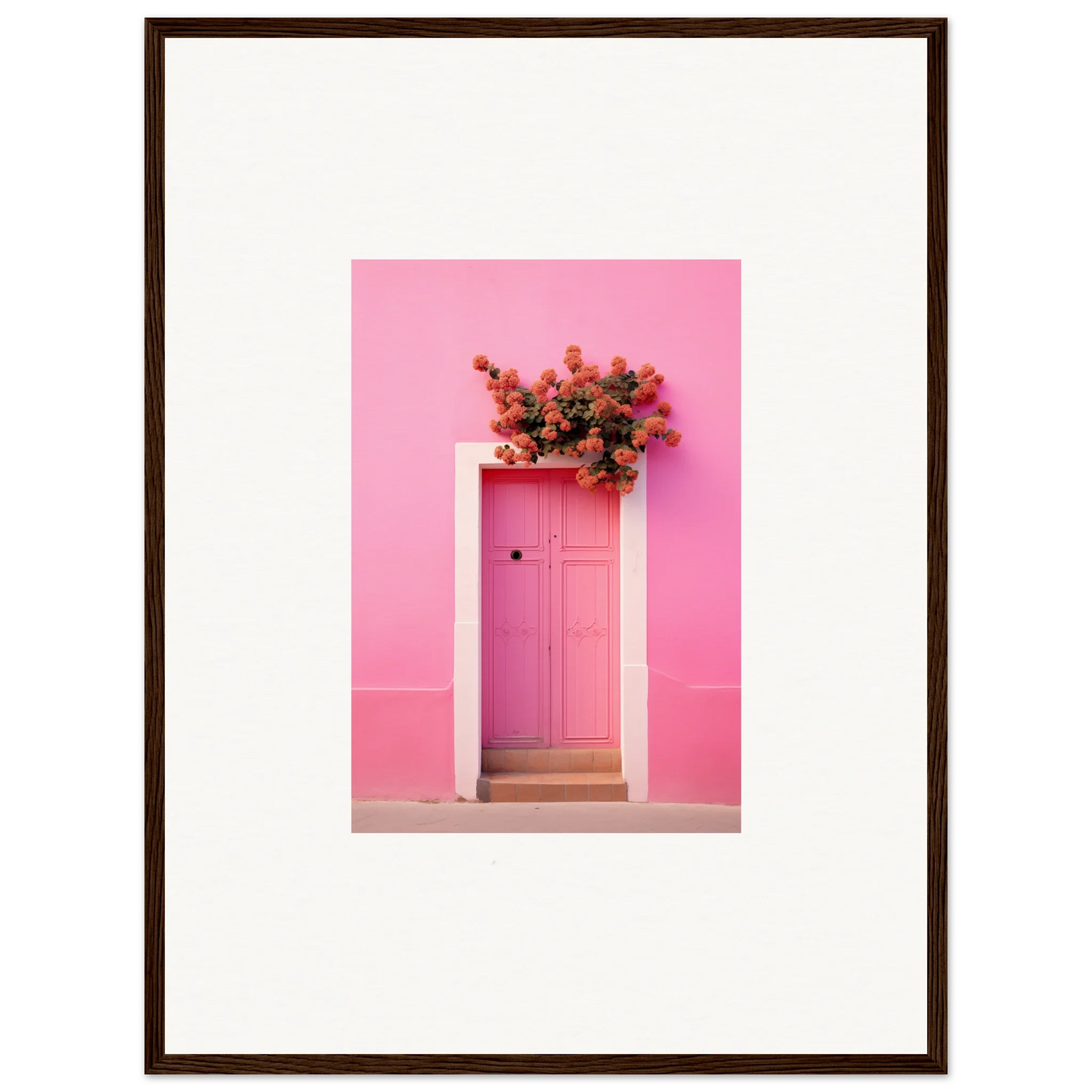 Pink door with red flowers, perfect for Quantum Pink Serenade framed wall art