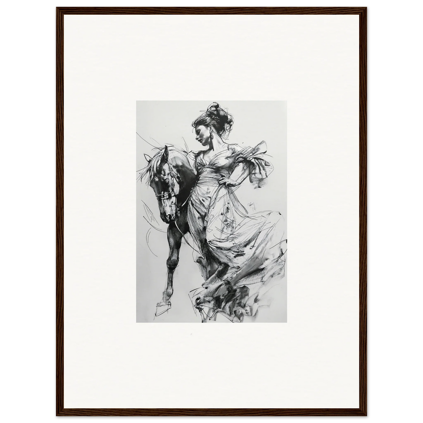 Black and white sketch of a figure in flowing dress next to a horse, Stardust Morph Whimsy