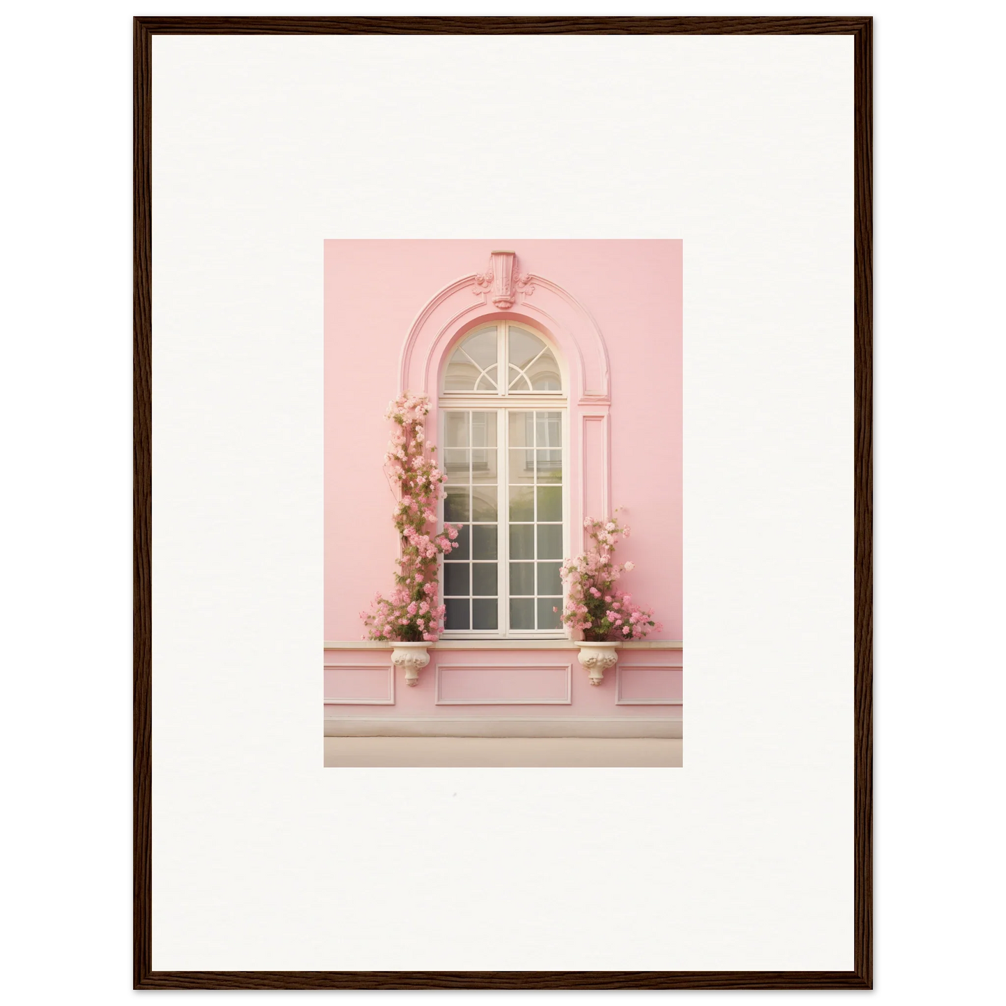 Arched pink window adorned with flowers, capturing Vitalose Rose Sonnet art style