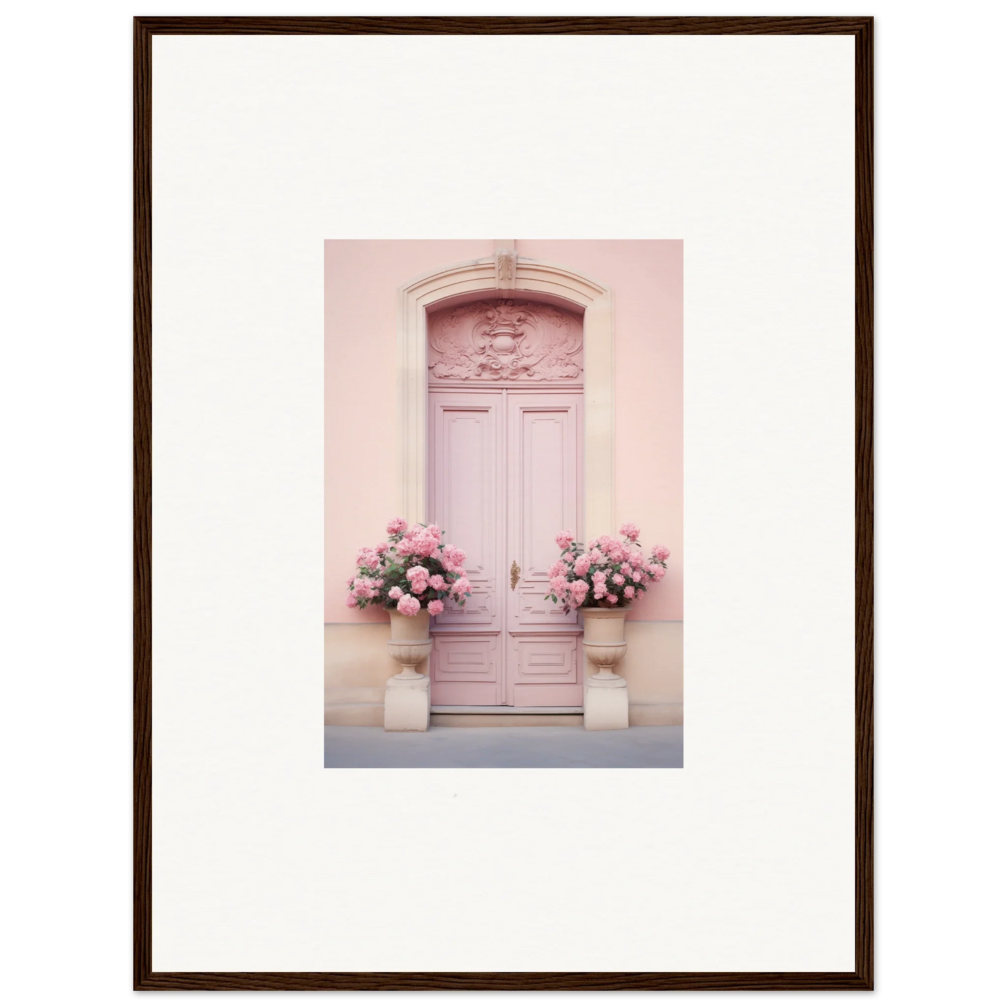 Pale pink ornate door with flowers, part of Rosy Cosmos Gateway framed wall art