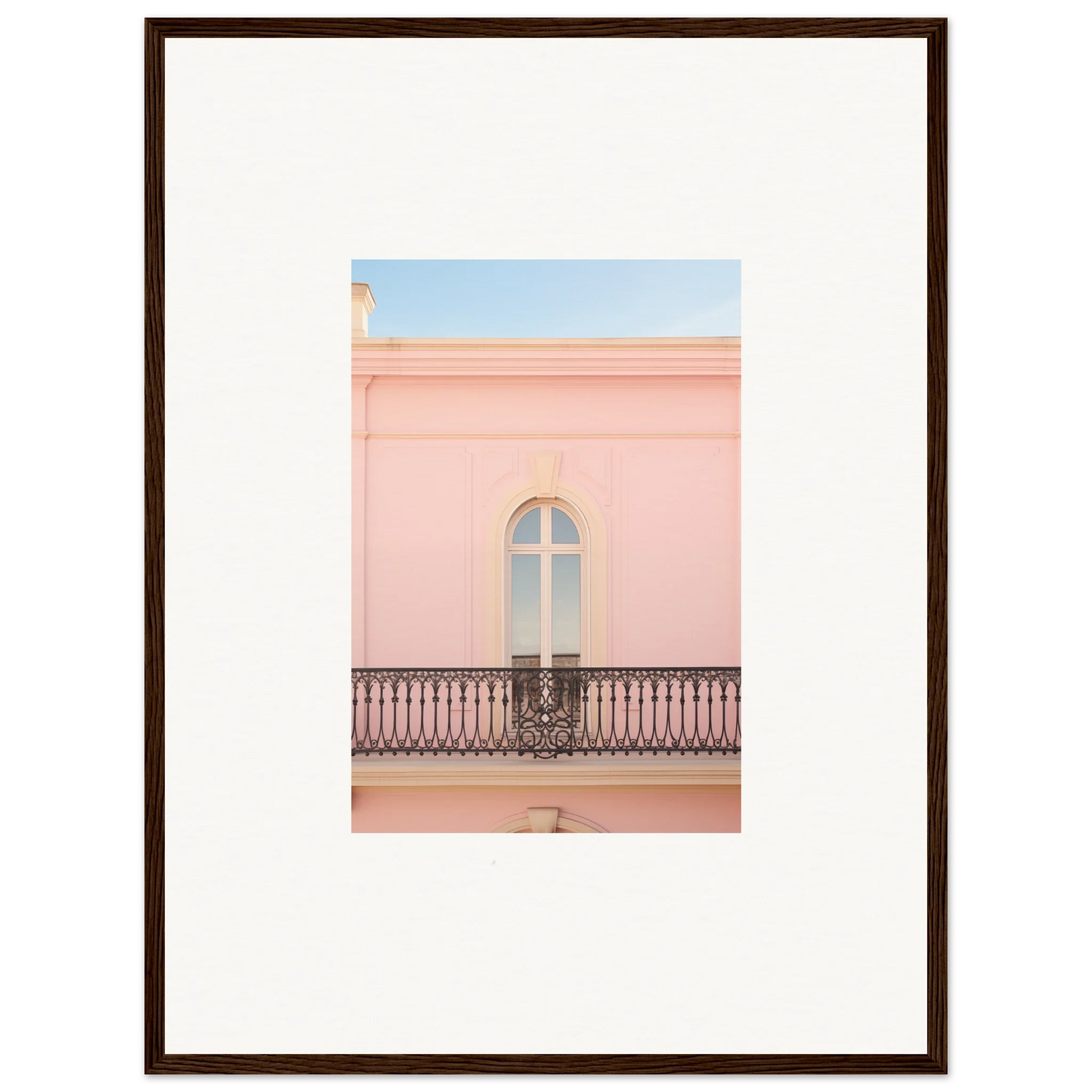 Arched window with ornate balcony on pink wall in Peach Tranquil Portal art piece