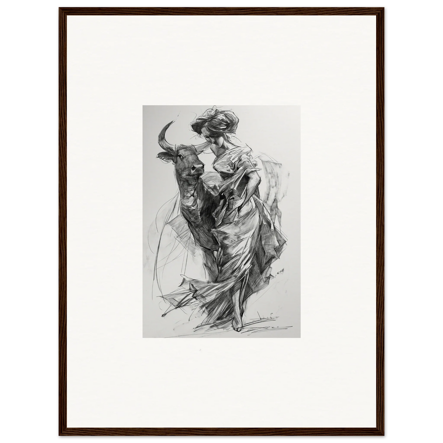 Black and white sketch of a bullfighter in Ebullient Abstract Liaisons framed wall art