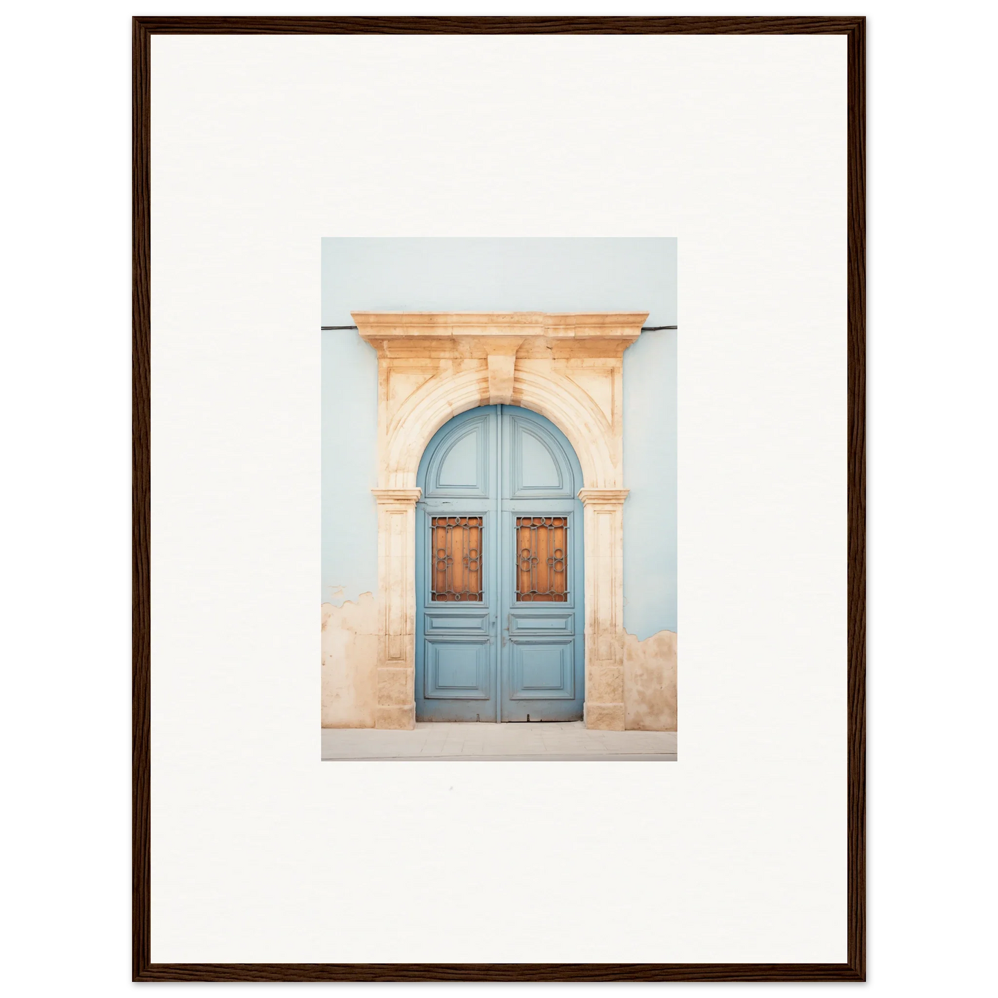 Light blue wooden door with ornate peach stone archway for Threshold of Echoes art