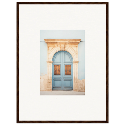 Light blue wooden door with ornate peach stone archway for Threshold of Echoes art