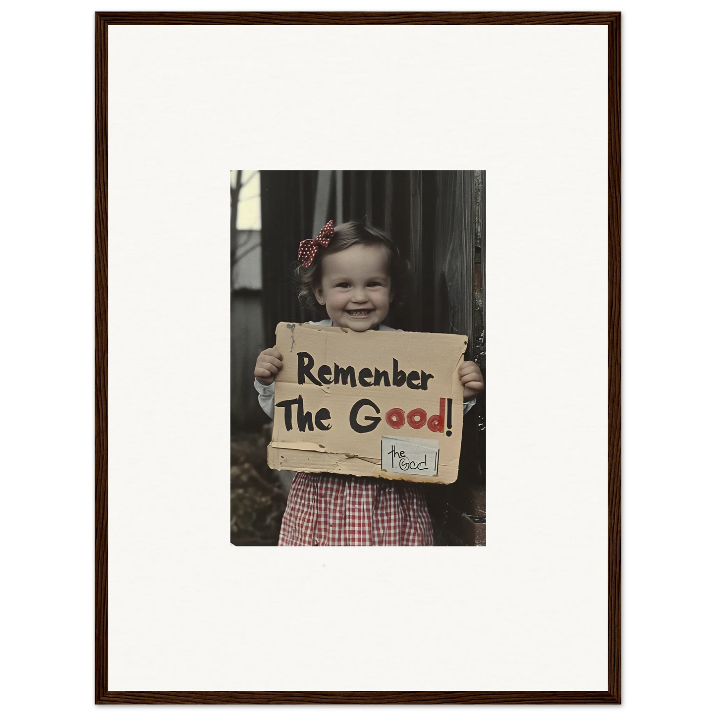 Framed black and white photo with handwritten Remember The Good sign for Smiles Forlornly Singing