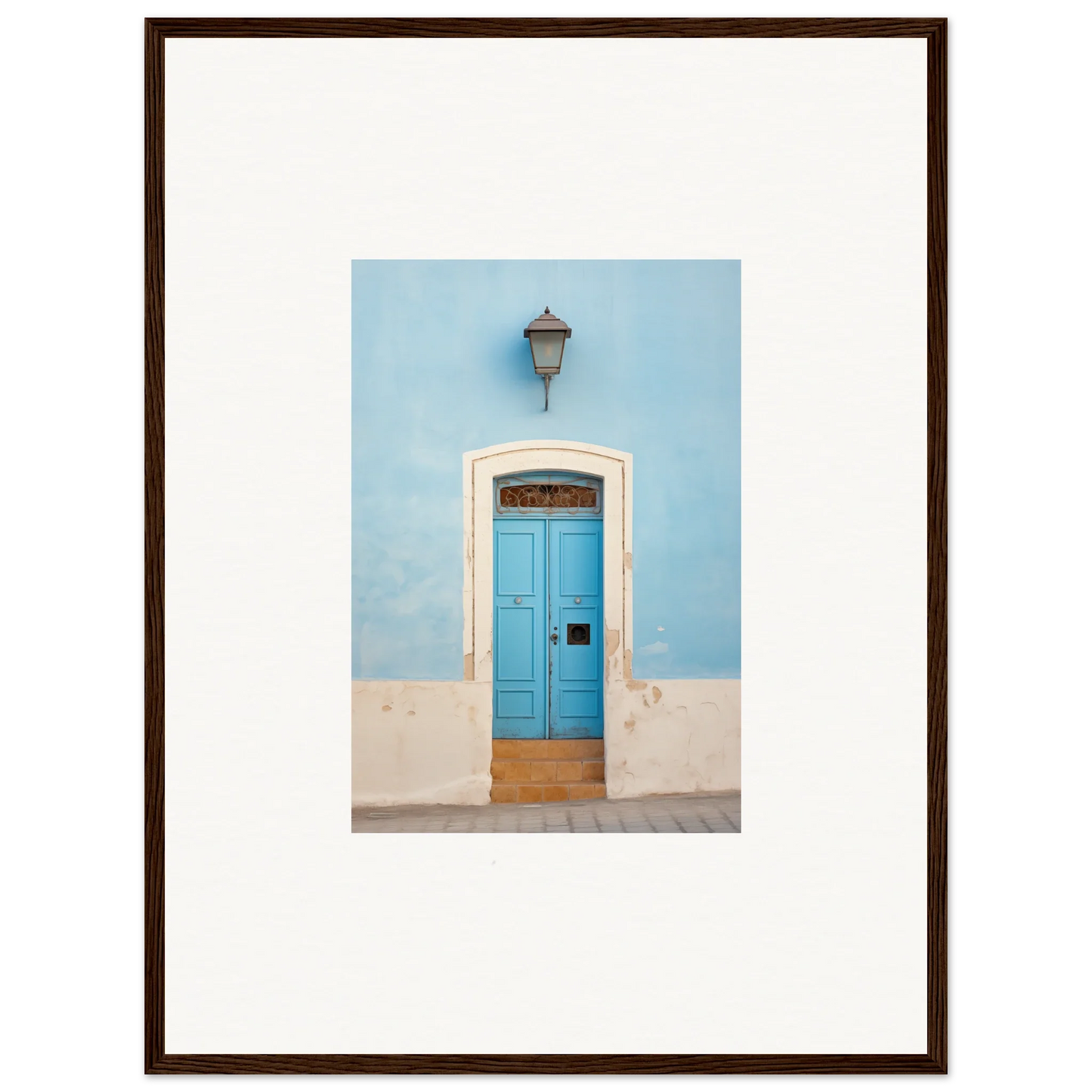 Bright turquoise wooden door with arch and lamp in Surreal Azure Vesaurrezz art