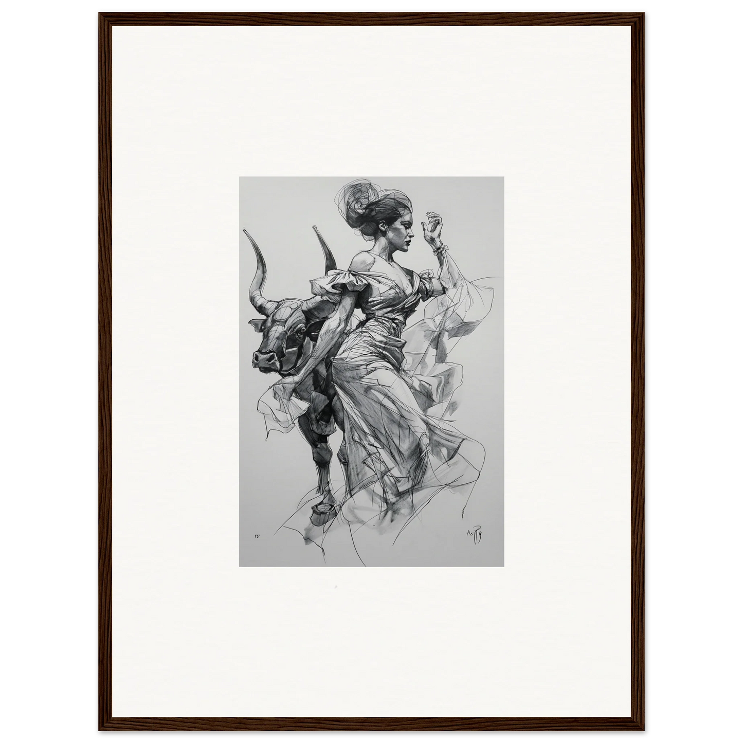 Black and white sketch of a woman in a flowing dress riding a bull, Sirens’ Veil Matador framed wall art