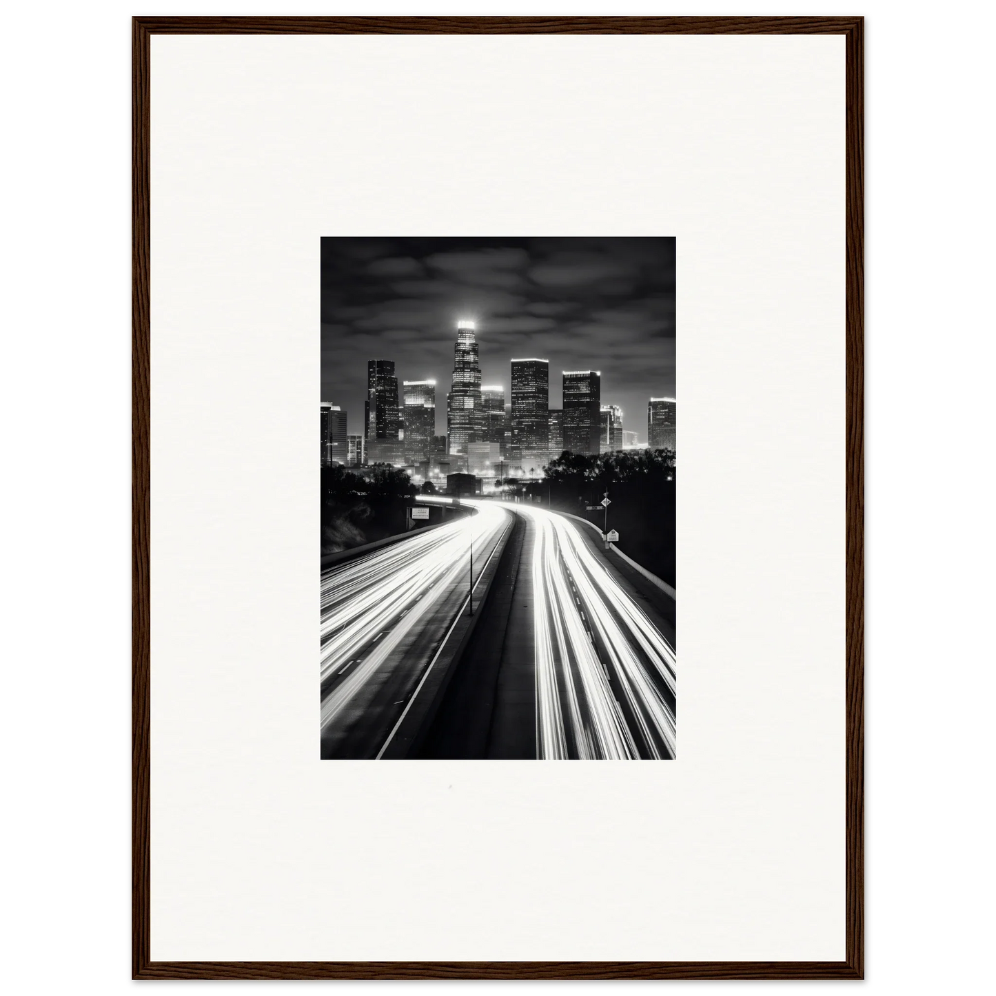 Stunning black and white Los Angeles skyline with traffic light trails in steel framed wall art