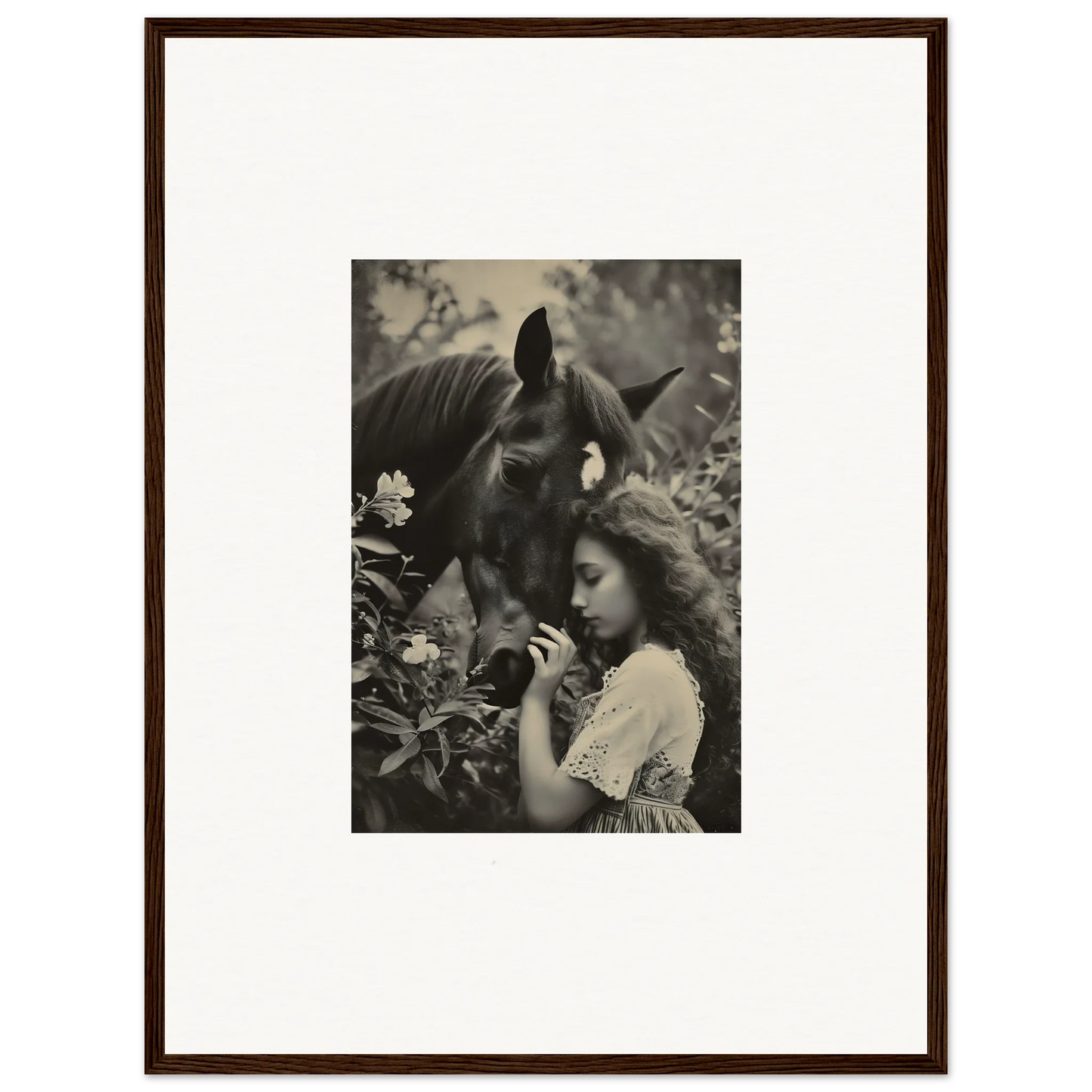 Framed black and white wall art of a girl with a horse for cozy room decoration