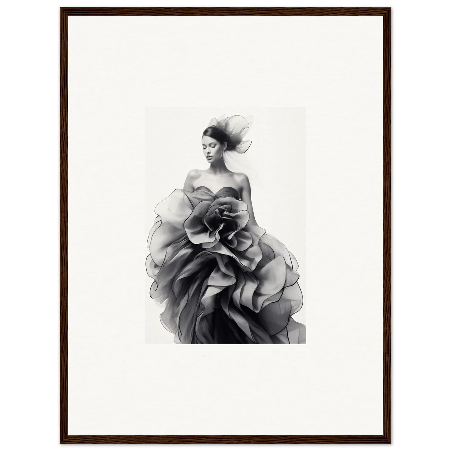 Dramatic black and white gown in Ephemeral Orchard Whispers framed wall art