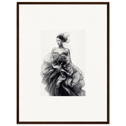 Dramatic black and white gown in Ephemeral Orchard Whispers framed wall art