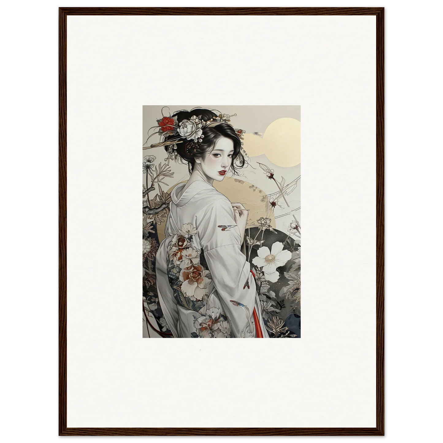 Traditional Japanese art print of a geisha in floral kimono from Daydream Blossom Wistitudes