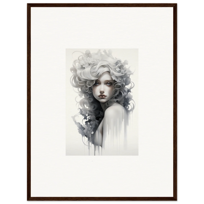 Black and white watercolor portrait with flowing hair in Visions Veil Morphling framed art