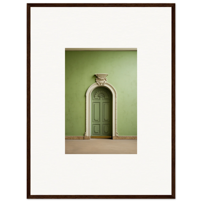 Ornate arched green door with decorative molding in Verdant Illusion Sphere art