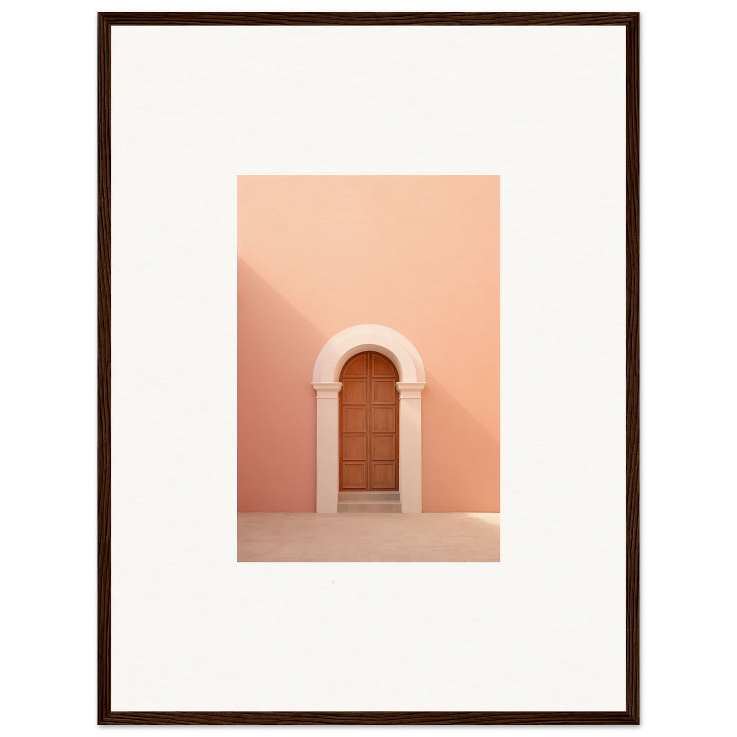 Wooden door in white arch on peachy-pink wall for Silent Coral Dreams art print