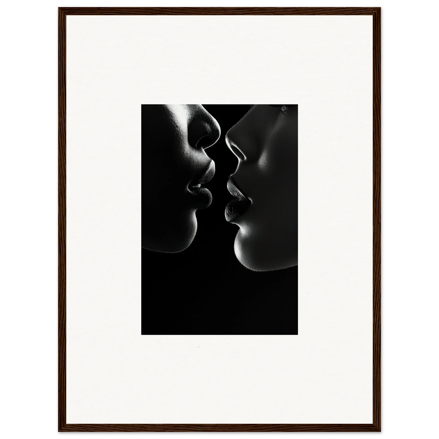 Silhouettes of two lovers about to kiss, featured in Midnight Kiss Darkness art