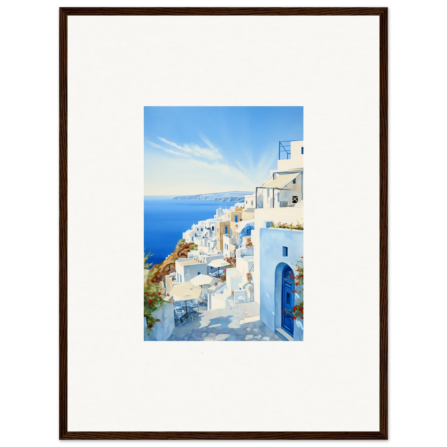 Framed art of white buildings and blue domes in Santorini for Mediterranean Serenity Remastered