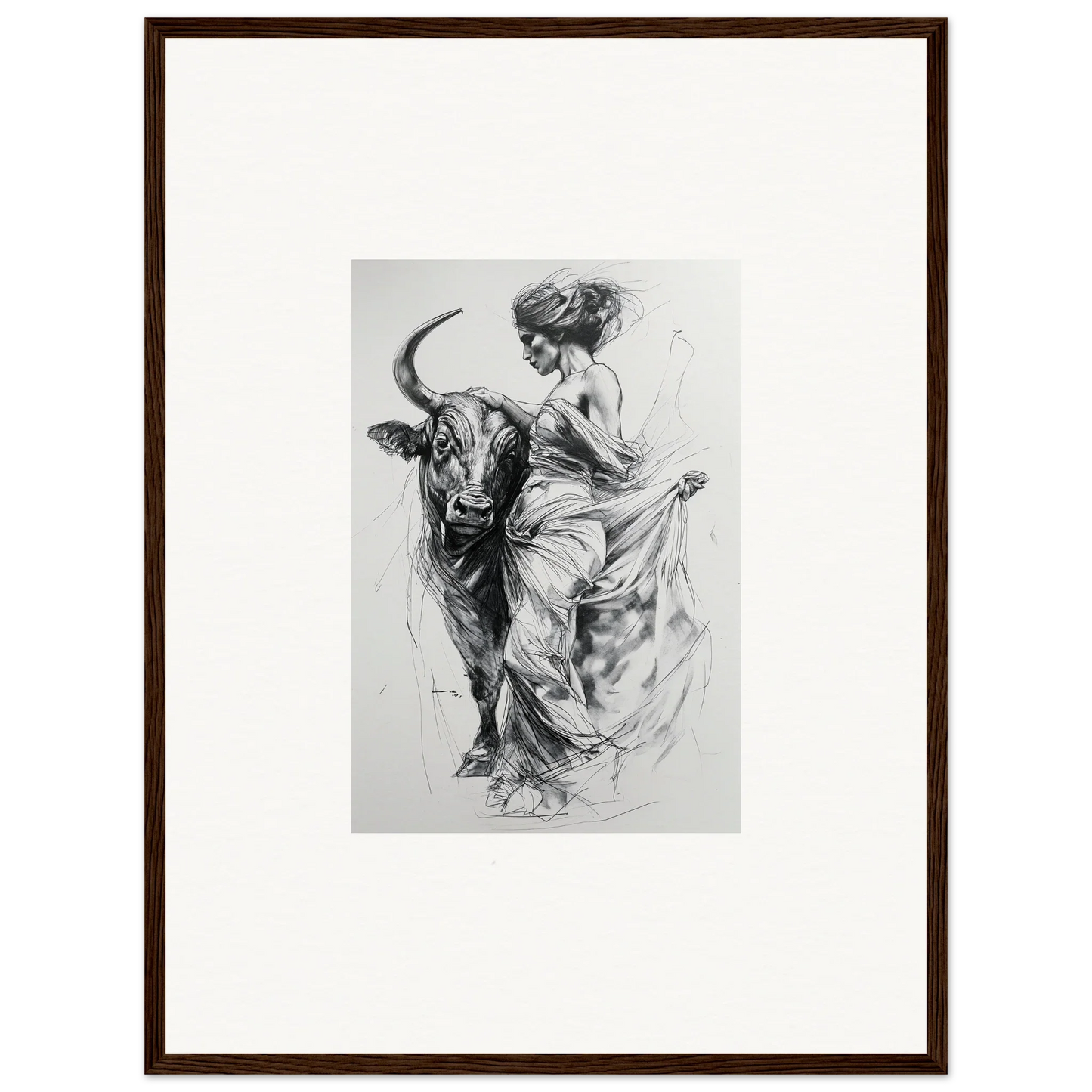 Black and white sketch of a woman dancing with a bull in Marvelous Taurine Serenade