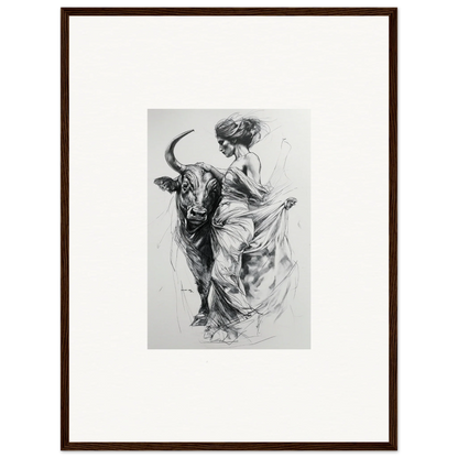 Black and white sketch of a woman dancing with a bull in Marvelous Taurine Serenade