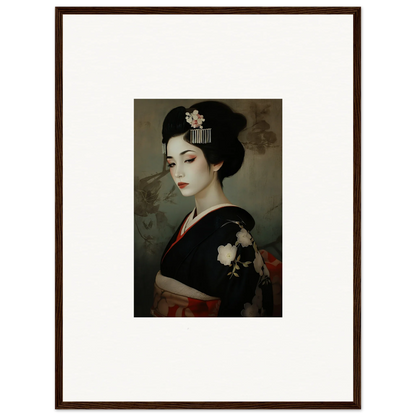 Framed wall art of a geisha in a black floral kimono, Cherry Dream Surrealism